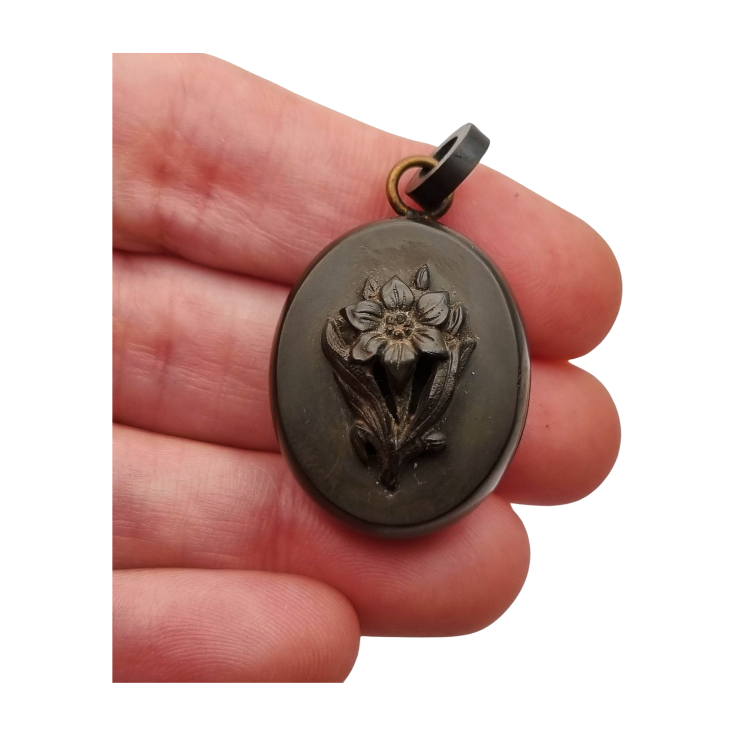 Guardapelo floral Victoriano antiguo de vulcanita, circa 1880-1900, joyería de luto