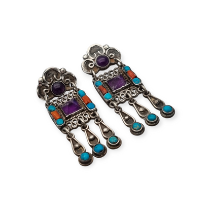 Pendientes plata 925 Morales México, escuela Matilde Poulat con amatista, turquesa y coral