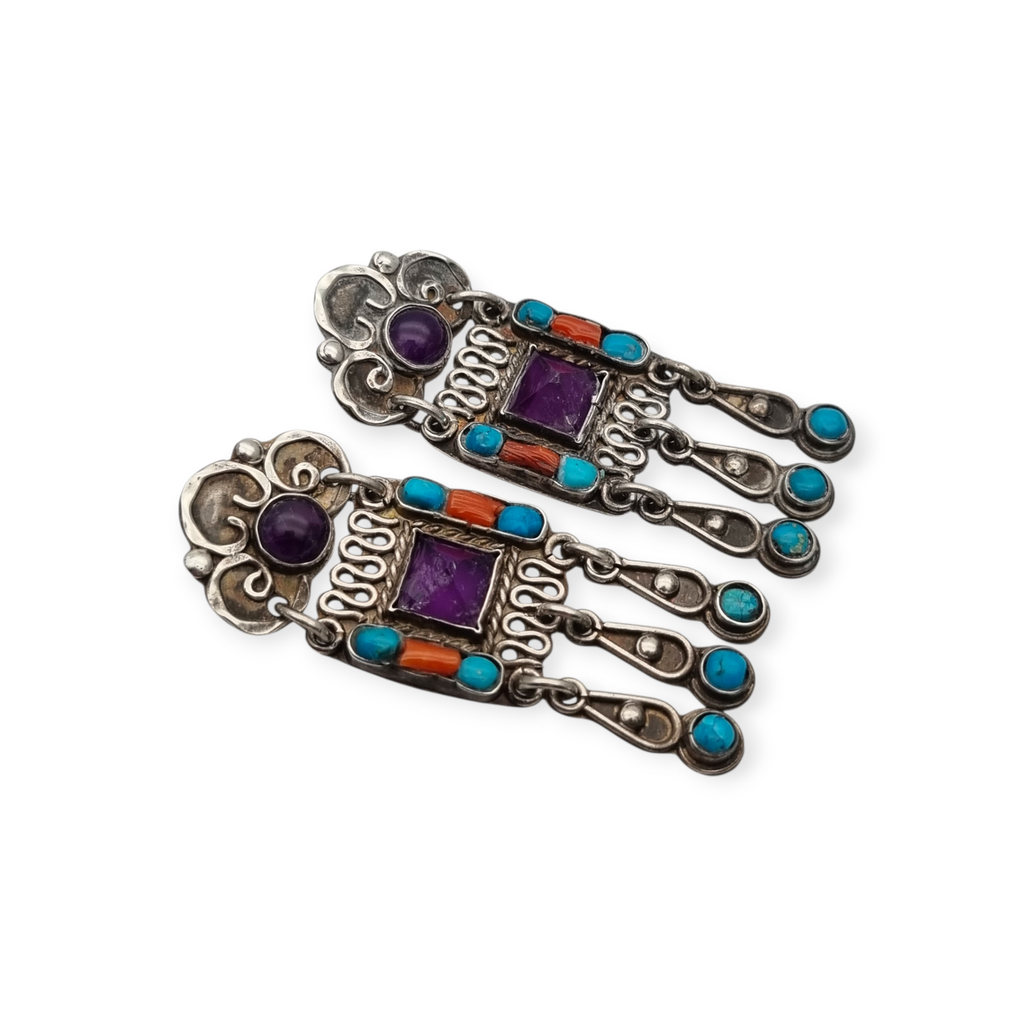 Pendientes plata 925 Morales México, escuela Matilde Poulat con amatista, turquesa y coral