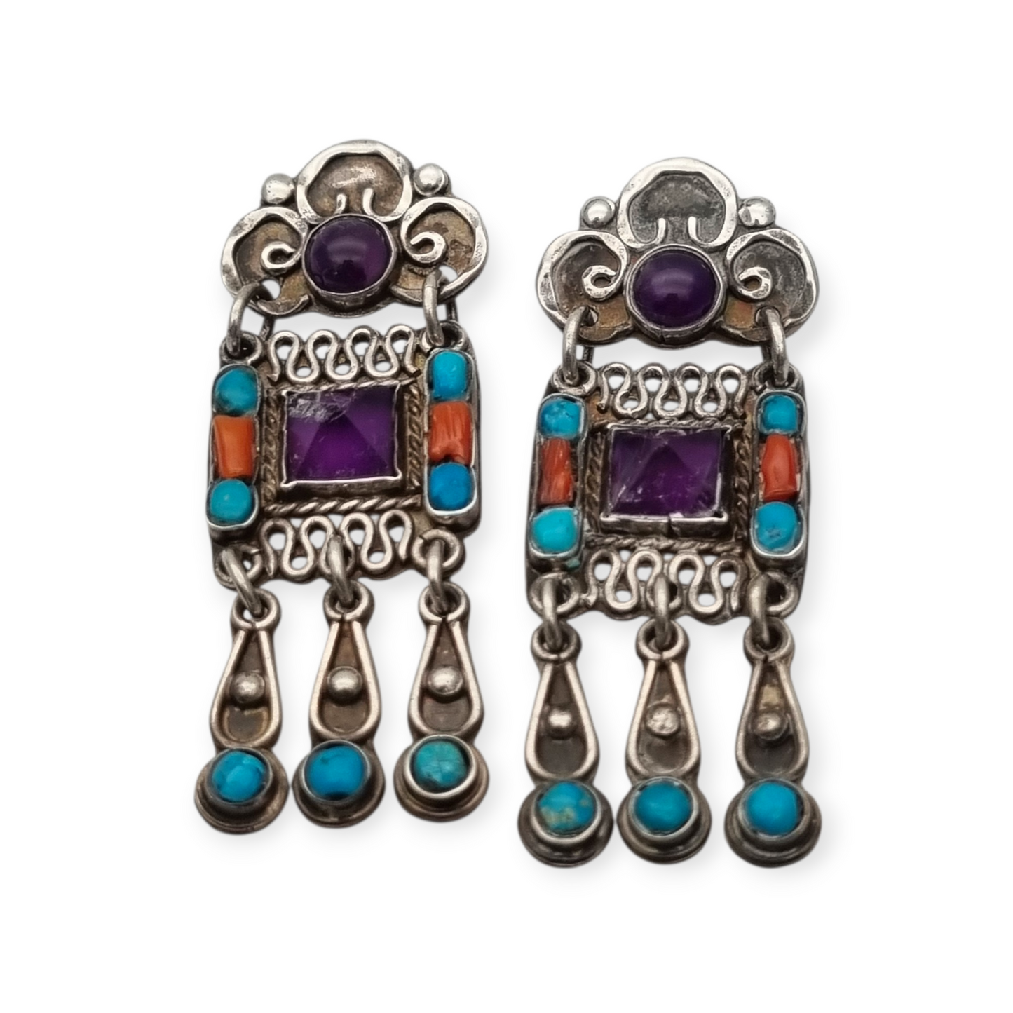 Pendientes plata 925 Morales México, escuela Matilde Poulat con amatista, turquesa y coral