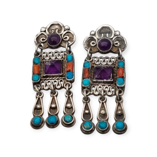 Pendientes plata 925 Morales México, escuela Matilde Poulat con amatista, turquesa y coral