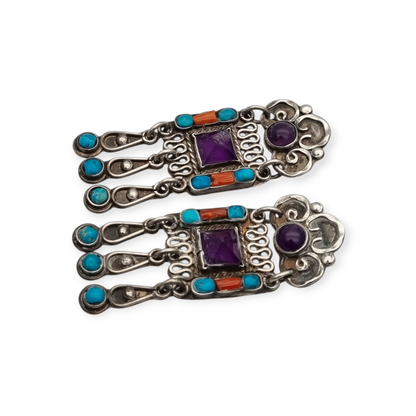 Pendientes plata 925 Morales México, escuela Matilde Poulat con amatista, turquesa y coral