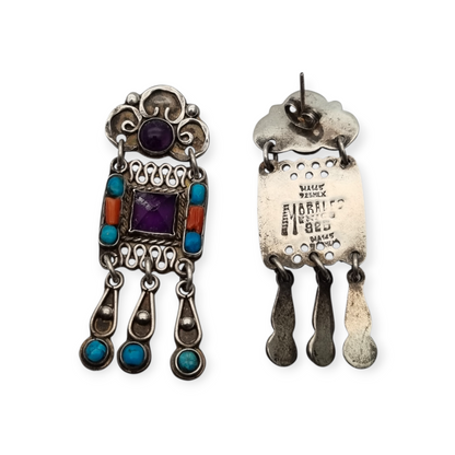 Pendientes plata 925 Morales México, escuela Matilde Poulat con amatista, turquesa y coral