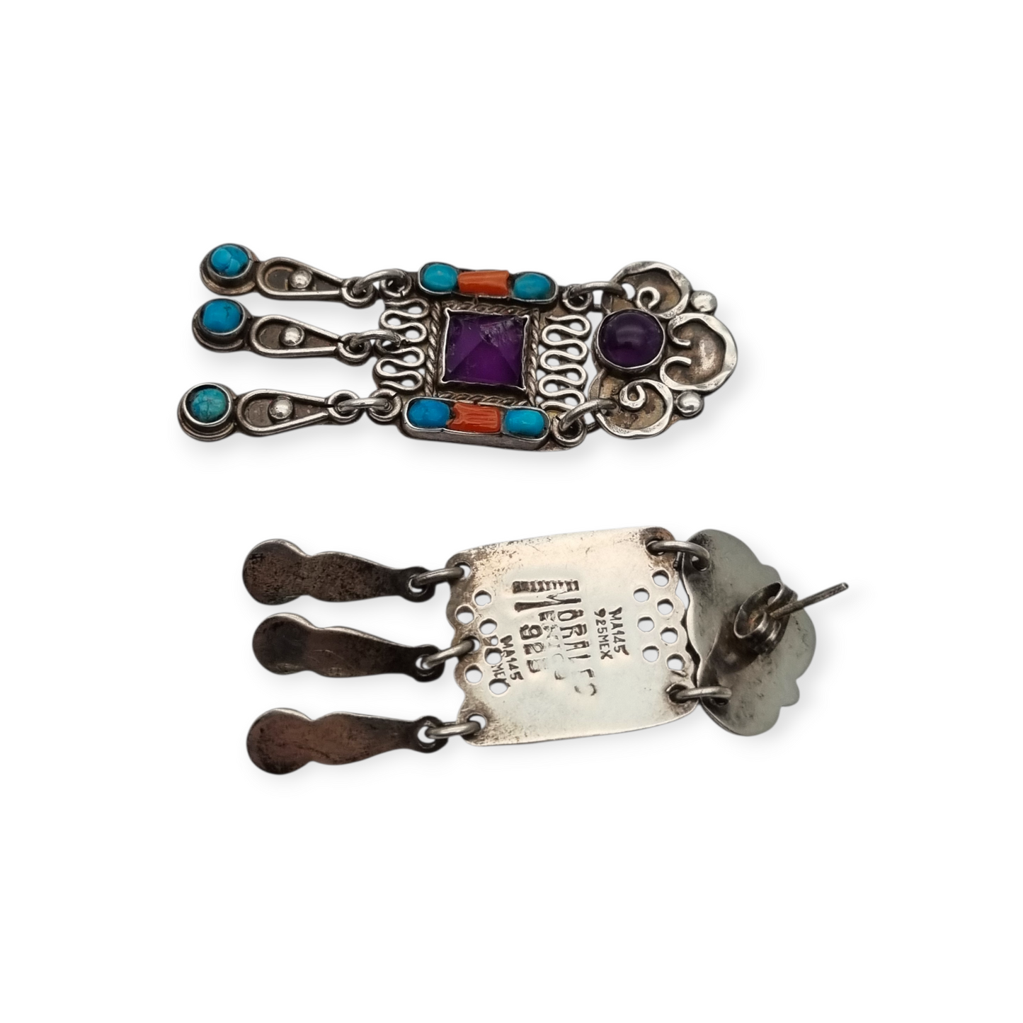 Pendientes plata 925 Morales México, escuela Matilde Poulat con amatista, turquesa y coral