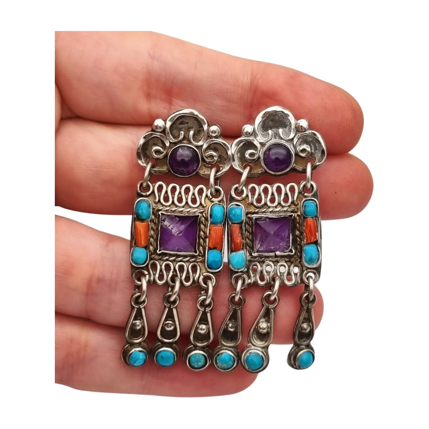 Pendientes plata 925 Morales México, escuela Matilde Poulat con amatista, turquesa y coral