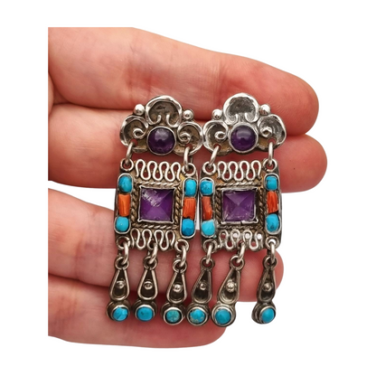 Pendientes plata 925 Morales México, escuela Matilde Poulat con amatista, turquesa y coral