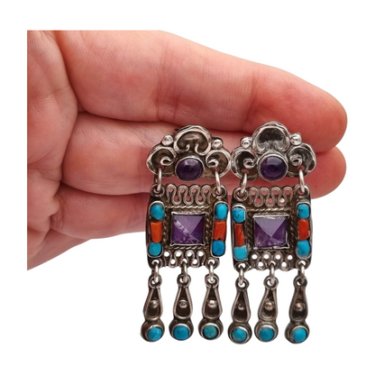 Pendientes plata 925 Morales México, escuela Matilde Poulat con amatista, turquesa y coral