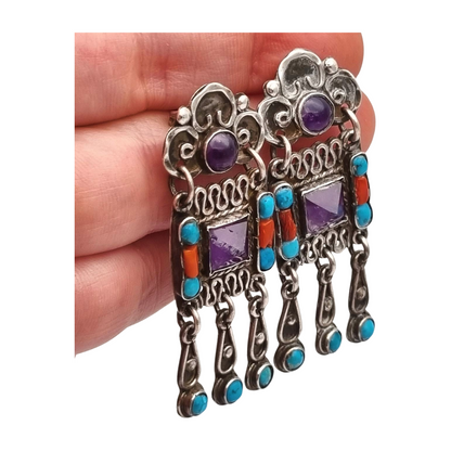 Pendientes plata 925 Morales México, escuela Matilde Poulat con amatista, turquesa y coral