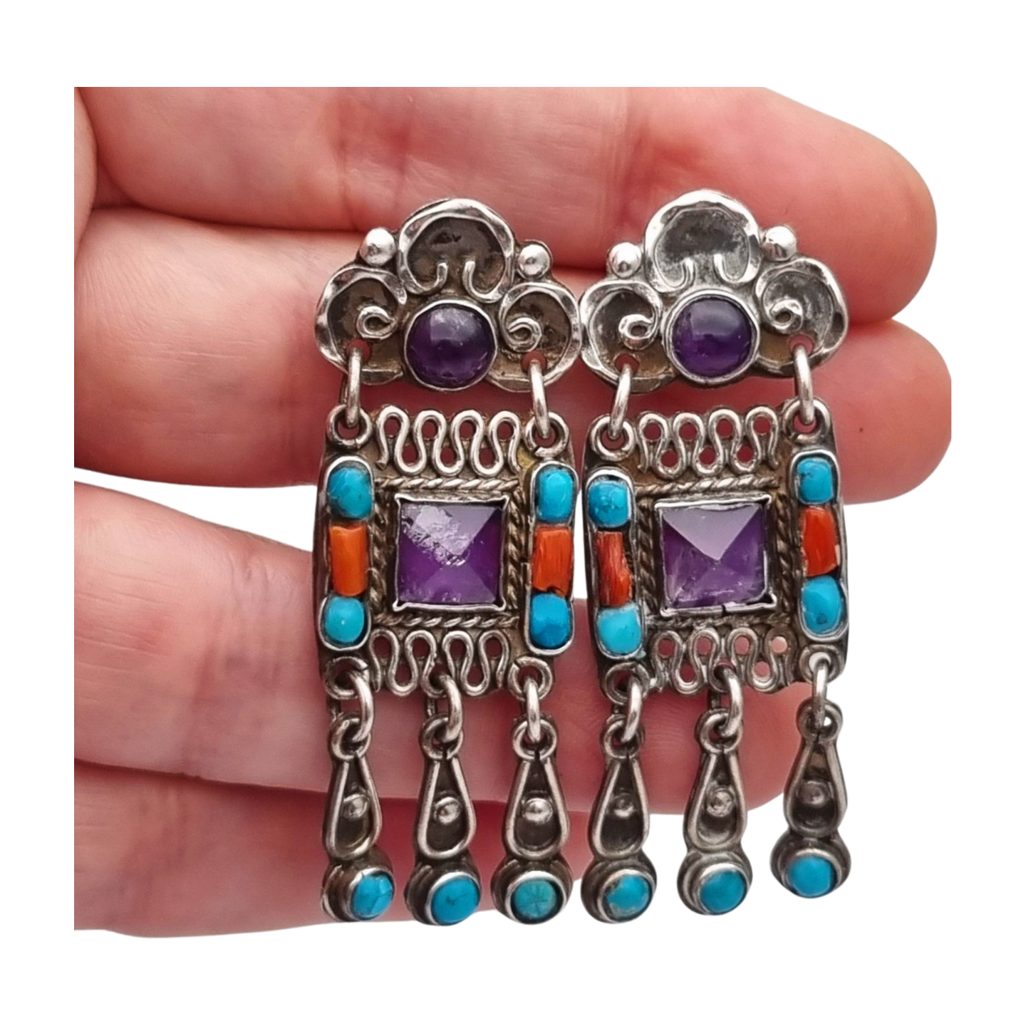 Pendientes plata 925 Morales México, escuela Matilde Poulat con amatista, turquesa y coral