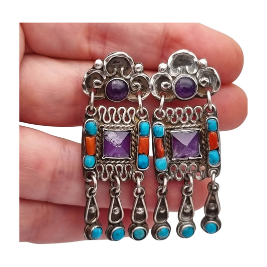 Pendientes plata 925 Morales México, escuela Matilde Poulat con amatista, turquesa y coral