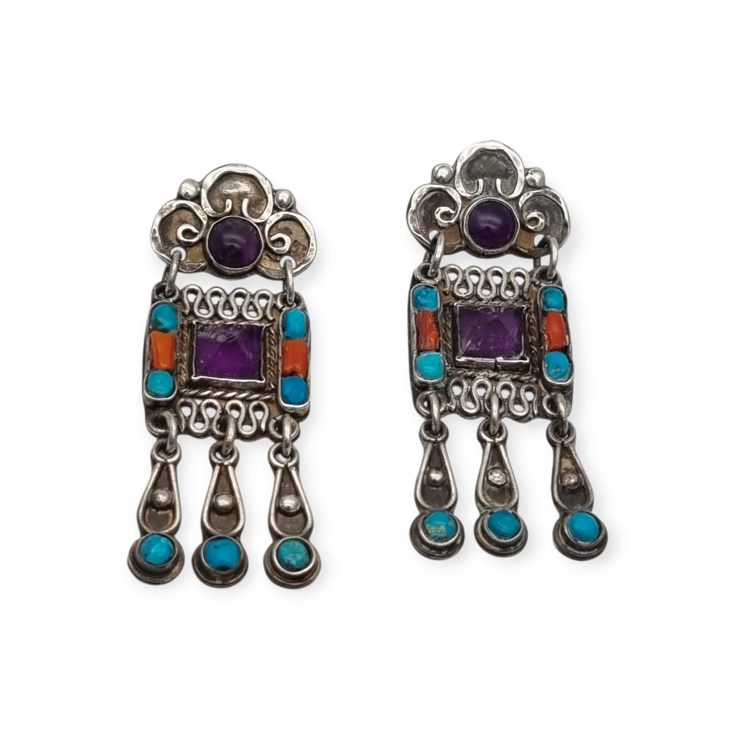 Pendientes plata 925 Morales México, escuela Matilde Poulat con amatista, turquesa y coral