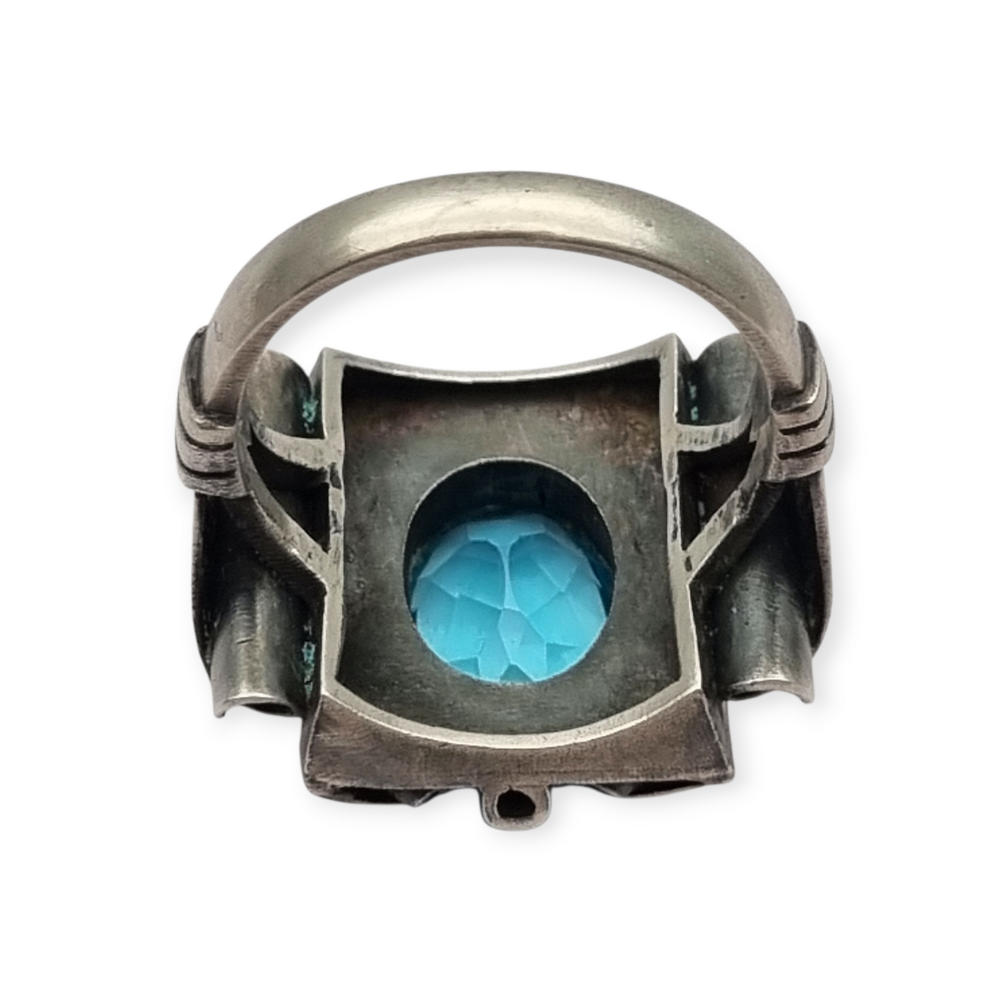Anillo art deco catalán de plata 925, vistas oro y cristal azul simil aguamarina, España circa 1930.
