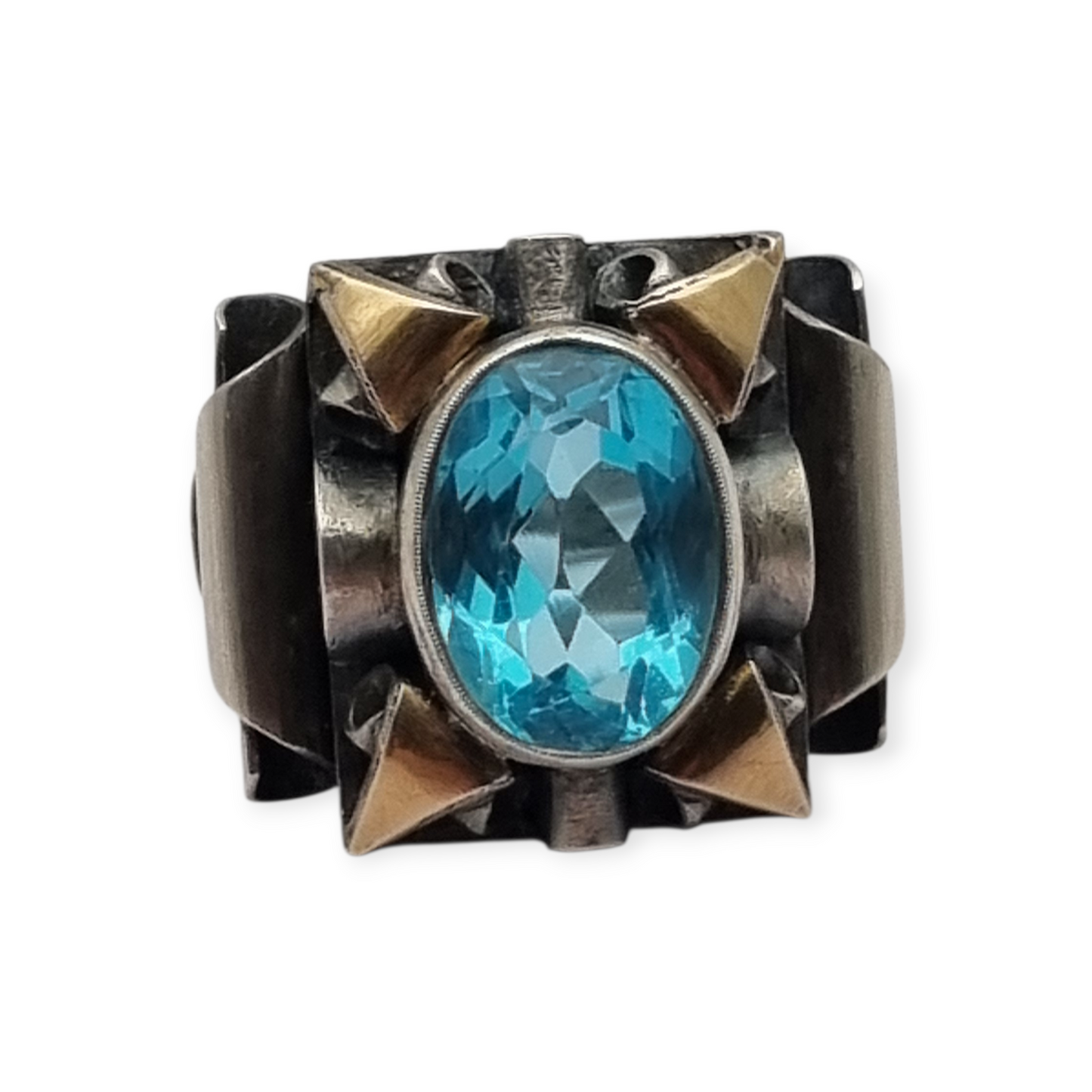 Anillo art deco catalán de plata 925, vistas oro y cristal azul simil aguamarina, España circa 1930.