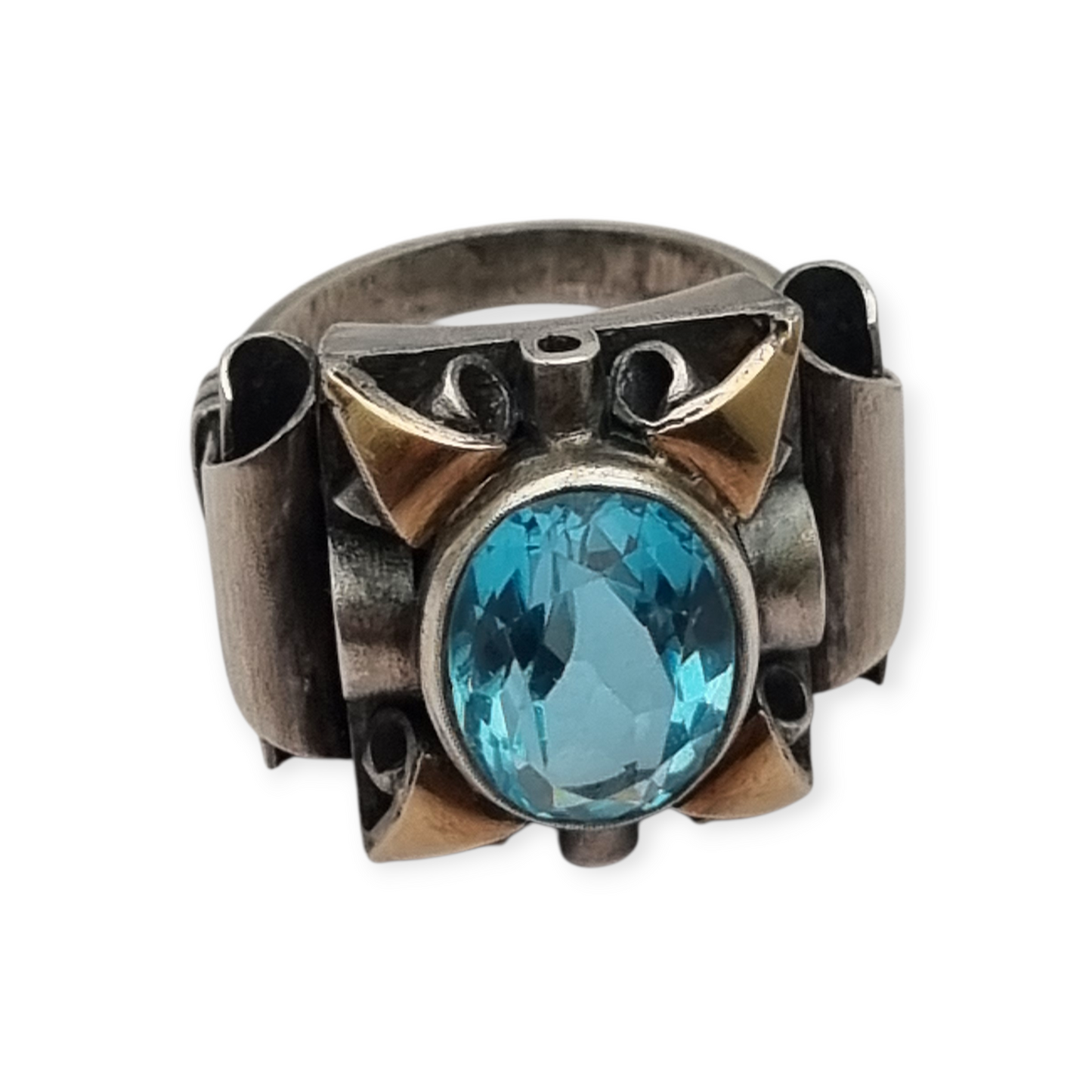 Anillo art deco catalán de plata 925, vistas oro y cristal azul simil aguamarina, España circa 1930.