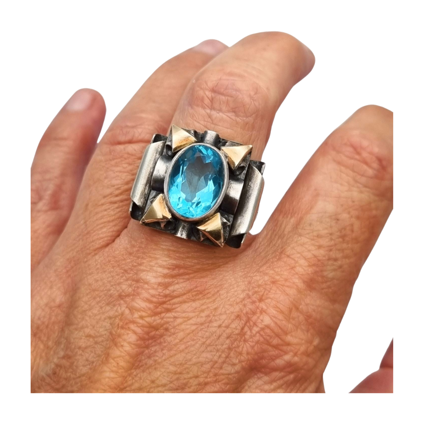 Anillo art deco catalán de plata 925, vistas oro y cristal azul simil aguamarina, España circa 1930.