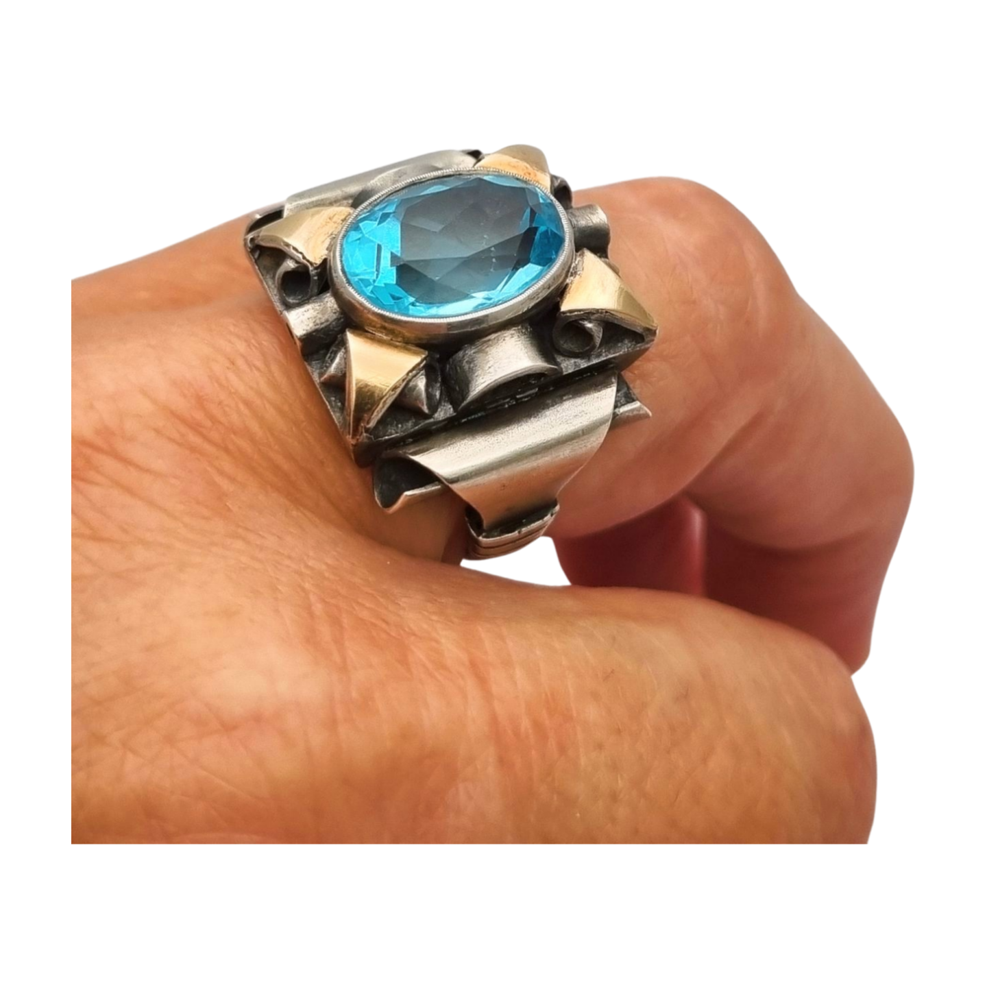 Anillo art deco catalán de plata 925, vistas oro y cristal azul simil aguamarina, España circa 1930.