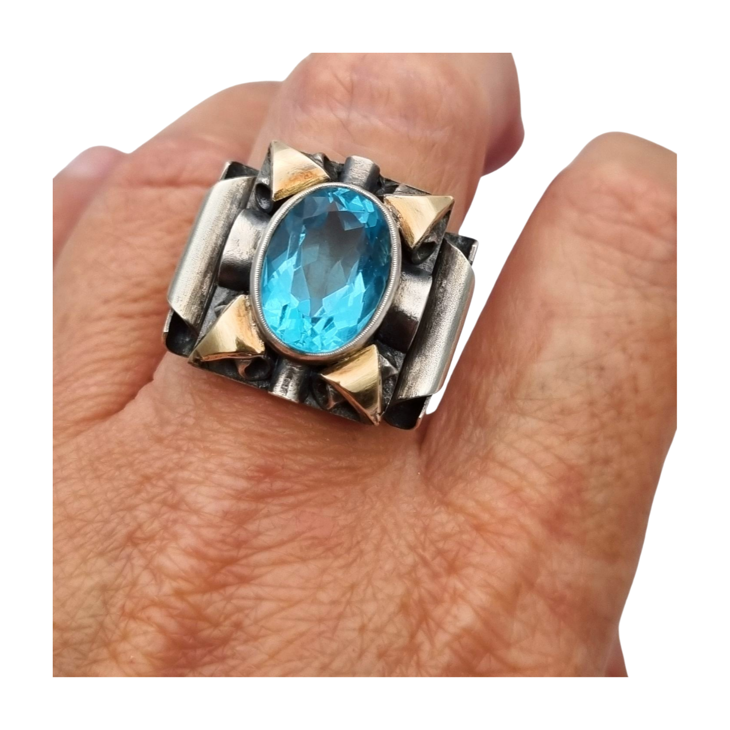Anillo art deco catalán de plata 925, vistas oro y cristal azul simil aguamarina, España circa 1930.