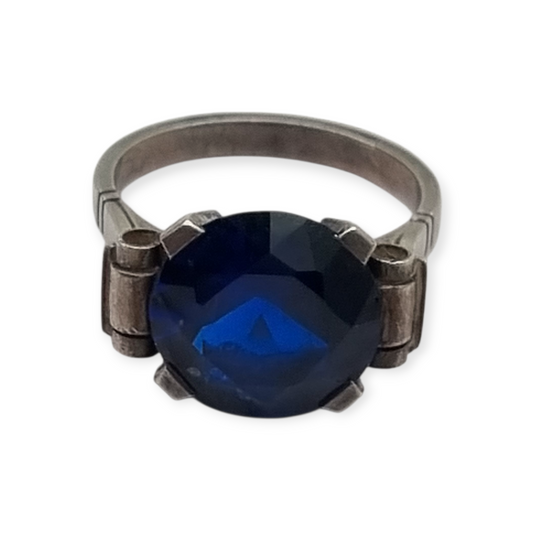 Anillo Art Déco francés de plata con cristal azul facetado, circa 1940-50