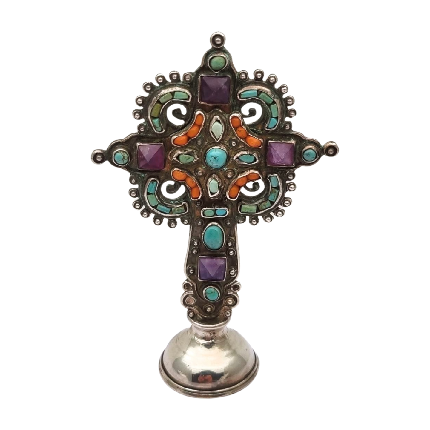 Cruz de plata de pie MATL Salas, Matilde Poulat México, con turquesa, amatista y coral, circa 1960.