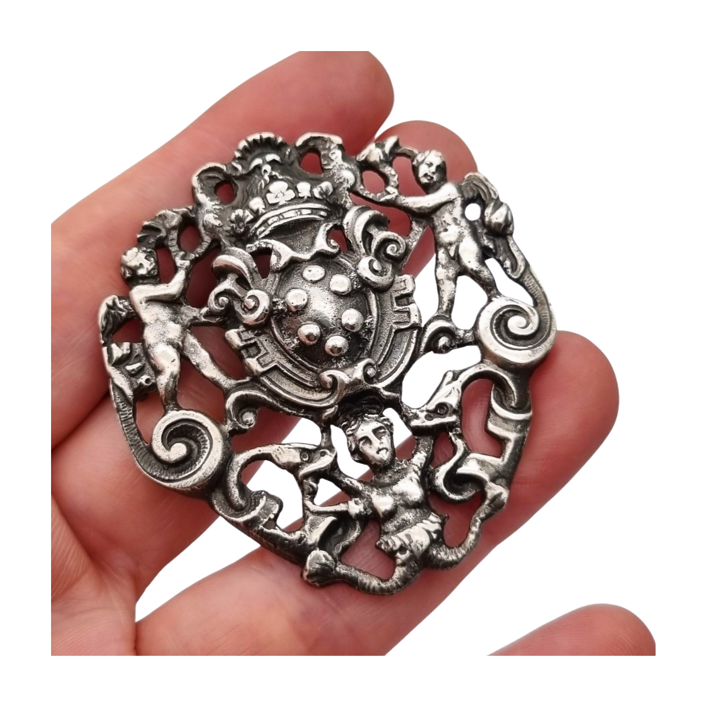Broche de plata neorrenacentista, escudo heráldico con querubines Italia s.XX