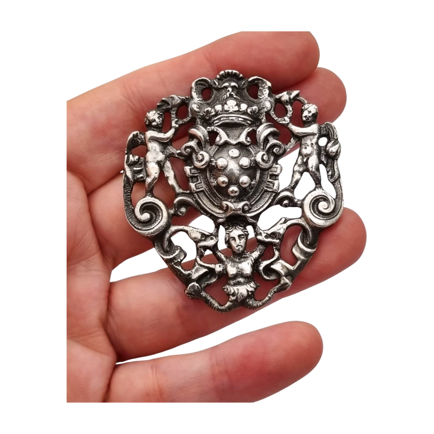 Broche de plata neorrenacentista, escudo heráldico con querubines Italia s.XX