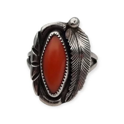 Anillo Navajo plata coral rojo hoja firmado GM, Gerald Mitchell, joyería Boho, circa 1970-80