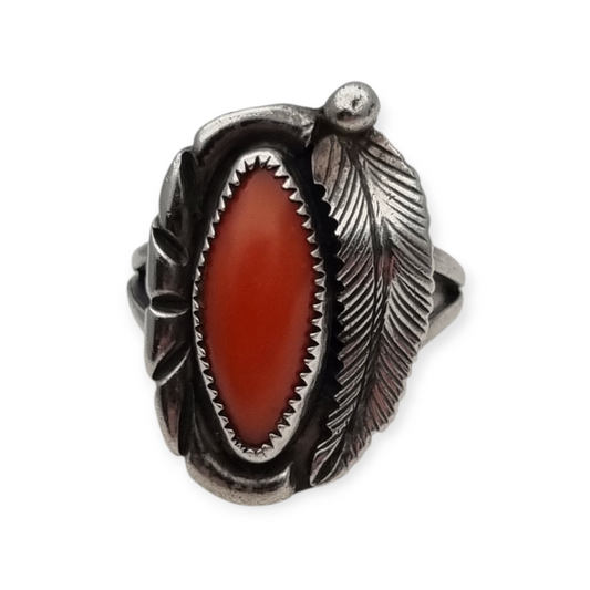 Anillo Navajo plata coral rojo hoja firmado GM, Gerald Mitchell, joyería Boho, circa 1970-80