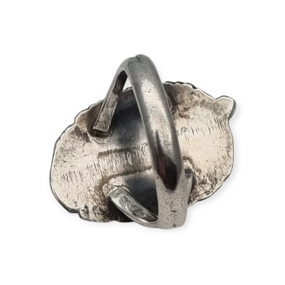 Anillo Navajo plata coral rojo hoja firmado GM, Gerald Mitchell, joyería Boho, circa 1970-80