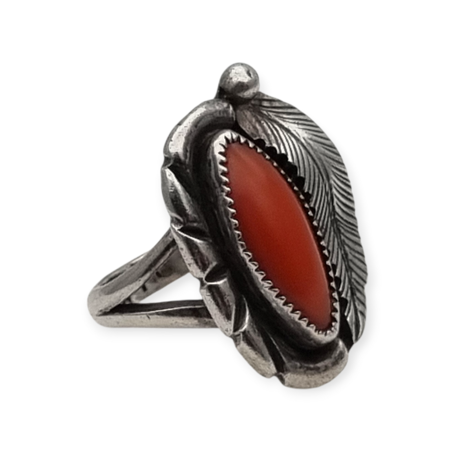 Anillo Navajo plata coral rojo hoja firmado GM, Gerald Mitchell, joyería Boho, circa 1970-80