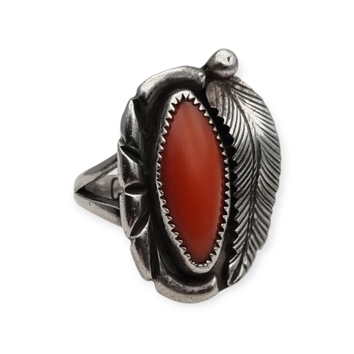 Anillo Navajo plata coral rojo hoja firmado GM, Gerald Mitchell, joyería Boho, circa 1970-80