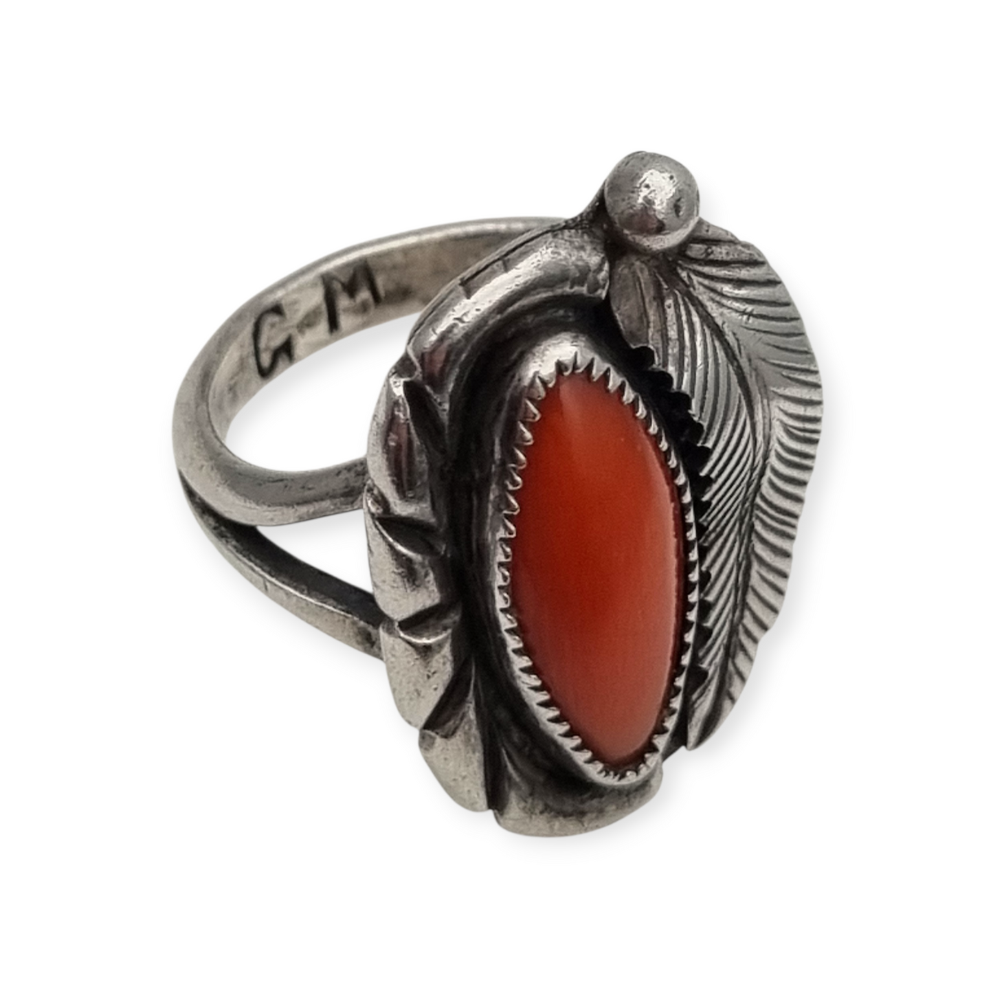 Anillo Navajo plata coral rojo hoja firmado GM, Gerald Mitchell, joyería Boho, circa 1970-80