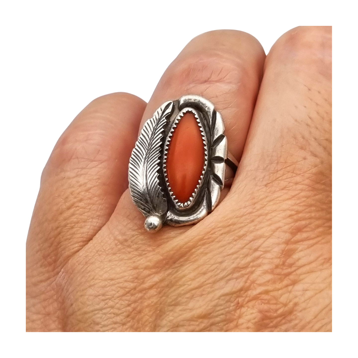 Anillo Navajo plata coral rojo hoja firmado GM, Gerald Mitchell, joyería Boho, circa 1970-80