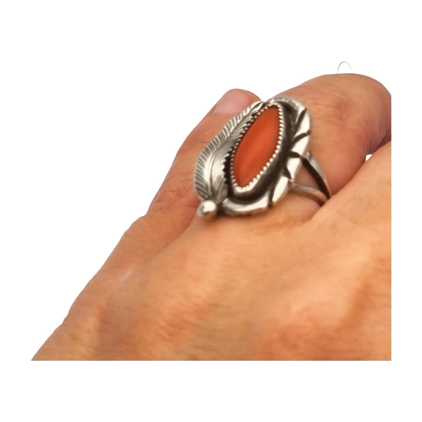 Anillo Navajo plata coral rojo hoja firmado GM, Gerald Mitchell, joyería Boho, circa 1970-80