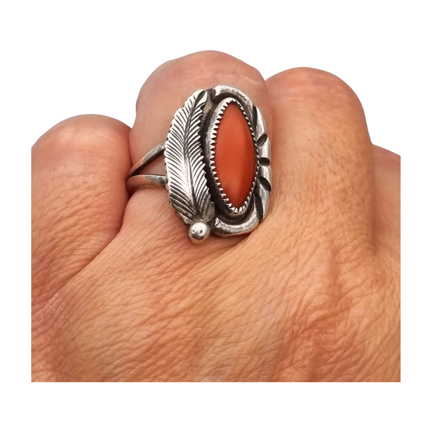 Anillo Navajo plata coral rojo hoja firmado GM, Gerald Mitchell, joyería Boho, circa 1970-80