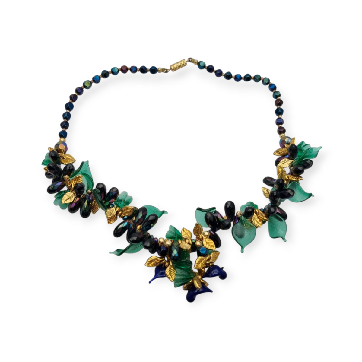 Vintage floral necklace with iridescent beads, leaves, flowers, and blue birds, circa 1990-2000