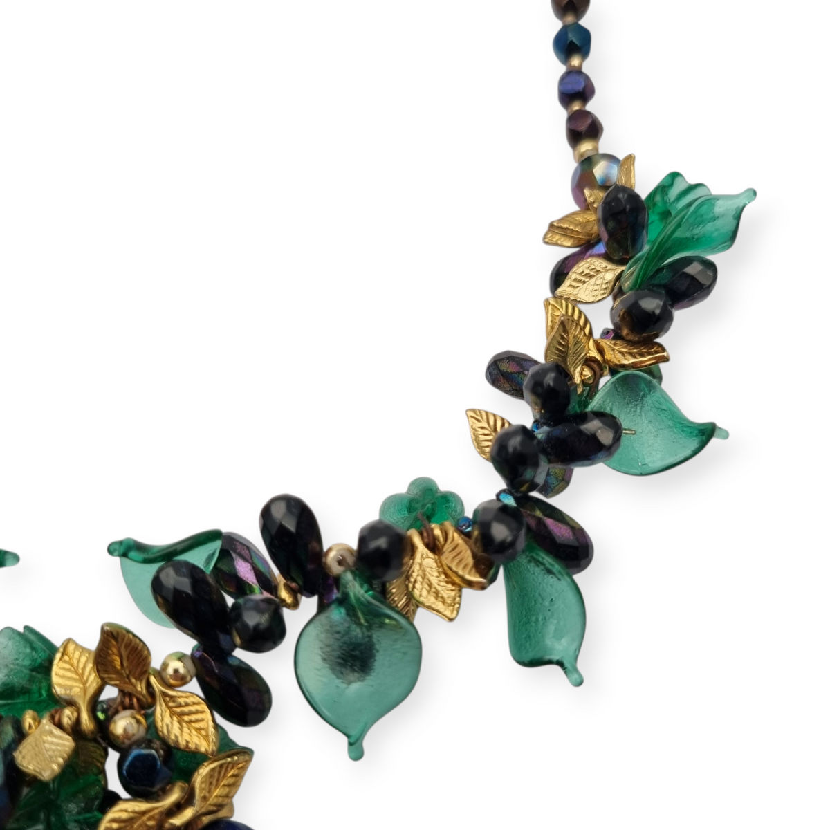 Vintage floral necklace with iridescent beads, leaves, flowers, and blue birds, circa 1990-2000