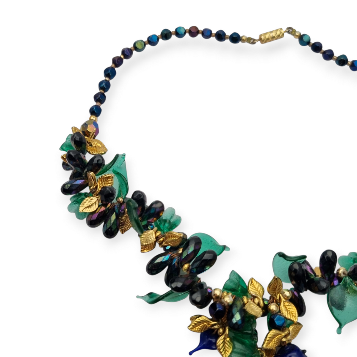 Vintage floral necklace with iridescent beads, leaves, flowers, and blue birds, circa 1990-2000