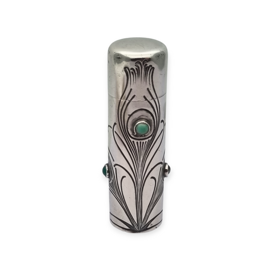 Frasco ugendstil de plata 800 y piedras verdes, pavo real, Alemania, circa 1910
