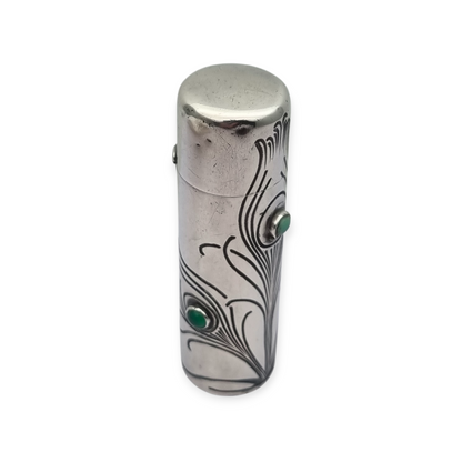 Frasco ugendstil de plata 800 y piedras verdes, pavo real, Alemania, circa 1910