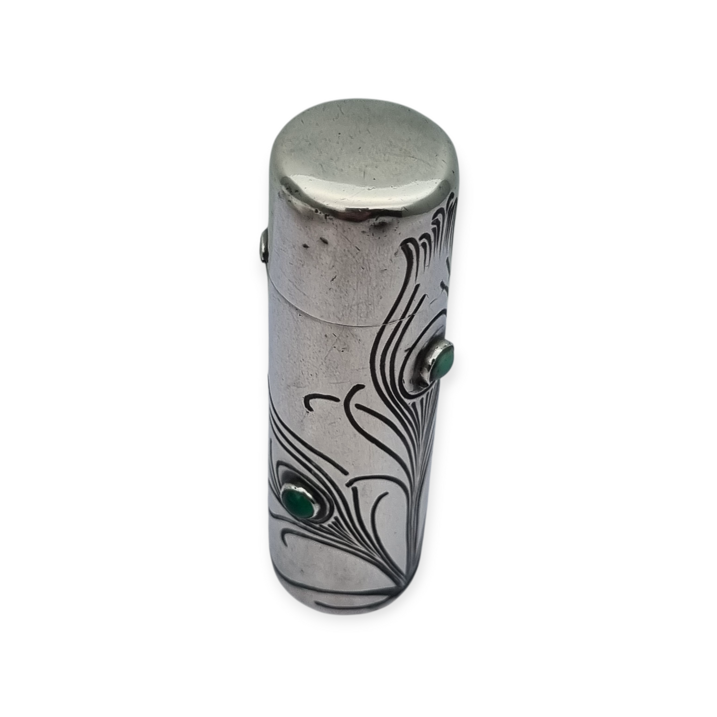 Frasco ugendstil de plata 800 y piedras verdes, pavo real, Alemania, circa 1910