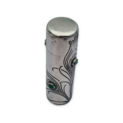 Frasco ugendstil de plata 800 y piedras verdes, pavo real, Alemania, circa 1910