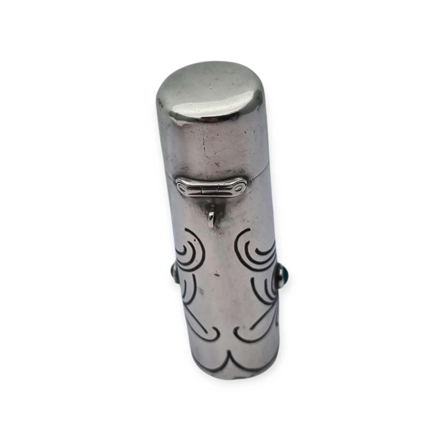 Frasco ugendstil de plata 800 y piedras verdes, pavo real, Alemania, circa 1910