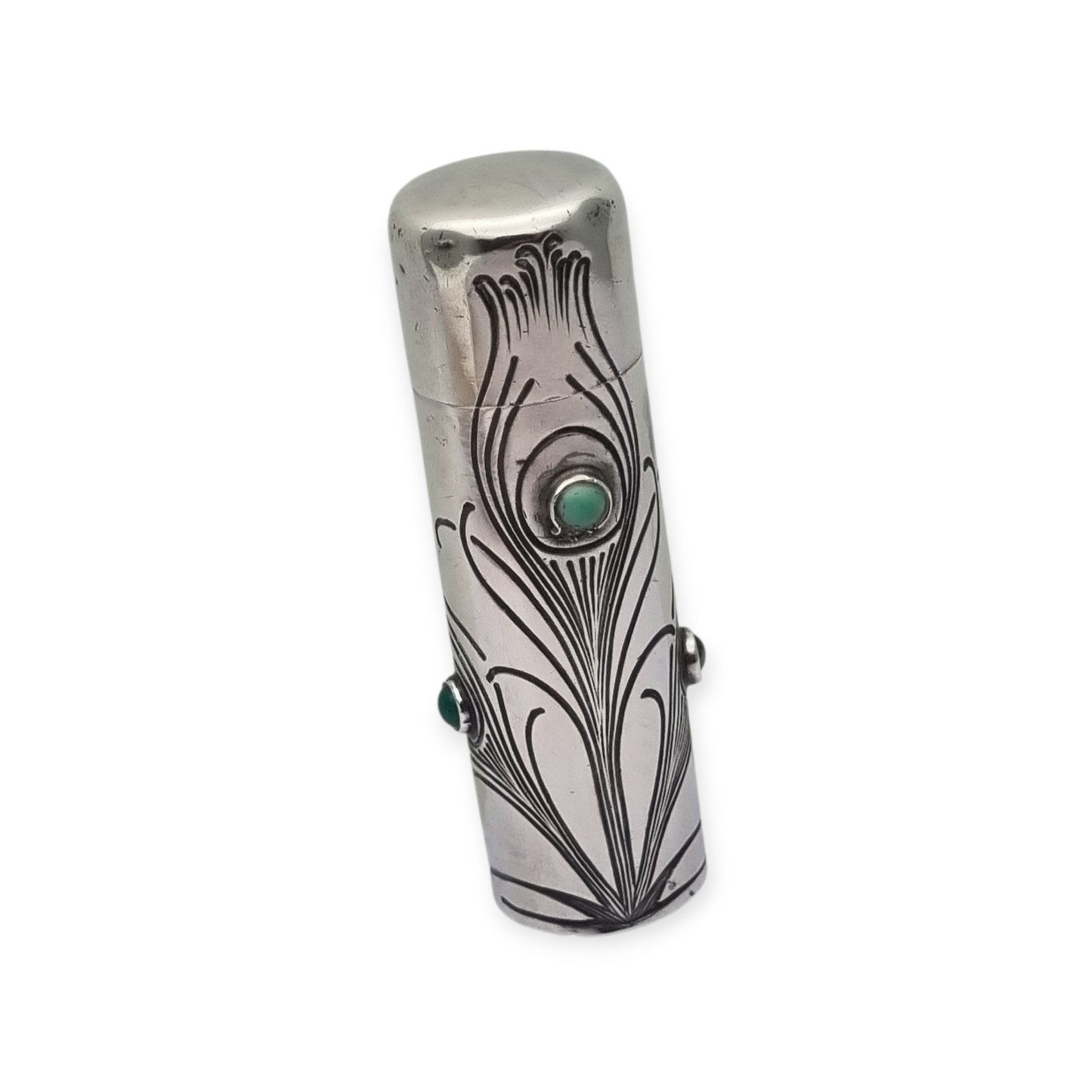 Frasco ugendstil de plata 800 y piedras verdes, pavo real, Alemania, circa 1910