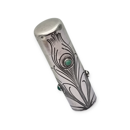Frasco ugendstil de plata 800 y piedras verdes, pavo real, Alemania, circa 1910