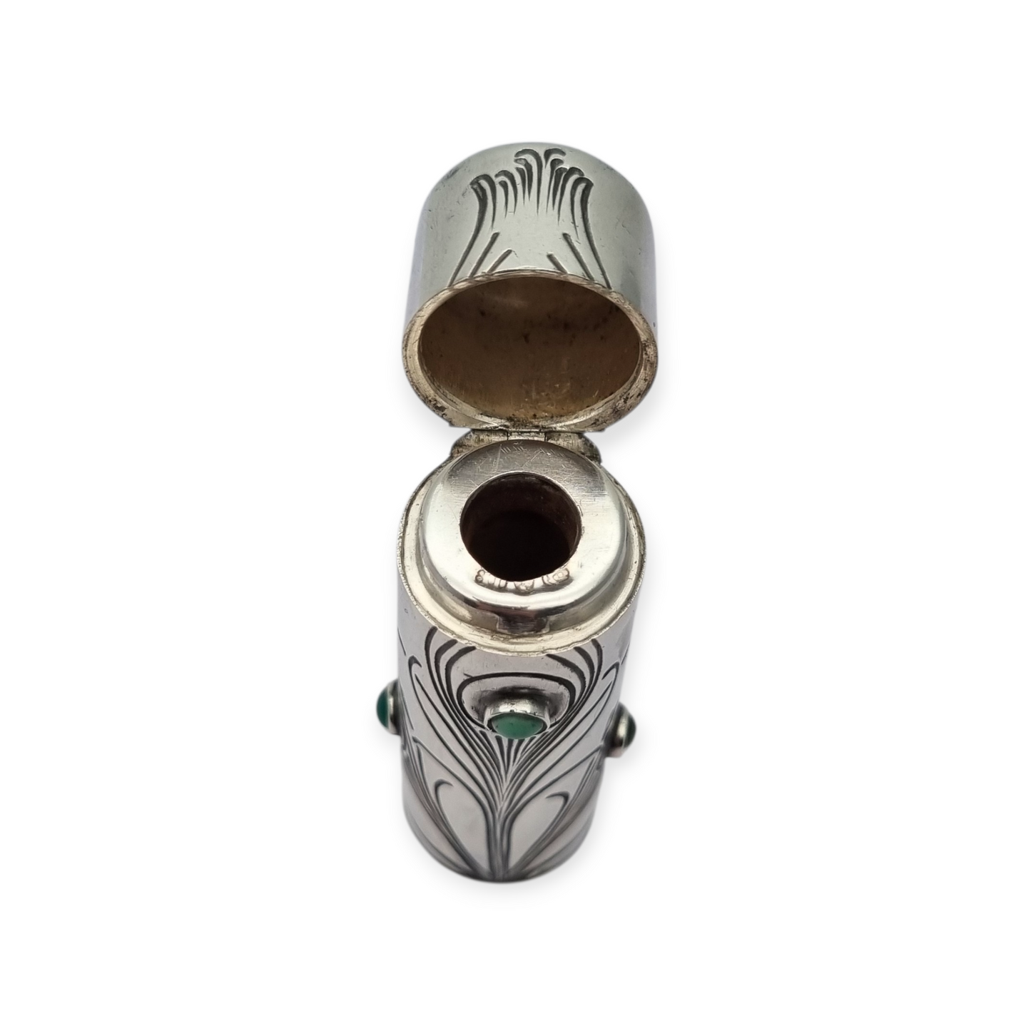 Frasco ugendstil de plata 800 y piedras verdes, pavo real, Alemania, circa 1910