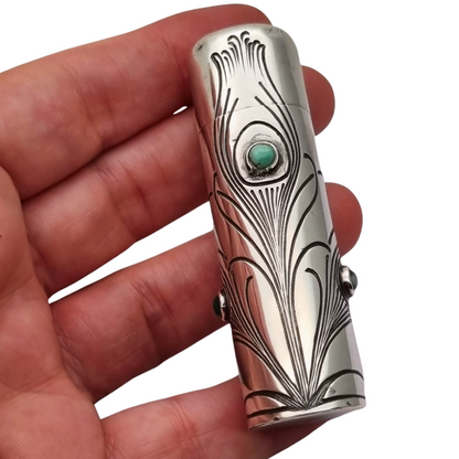 Frasco ugendstil de plata 800 y piedras verdes, pavo real, Alemania, circa 1910