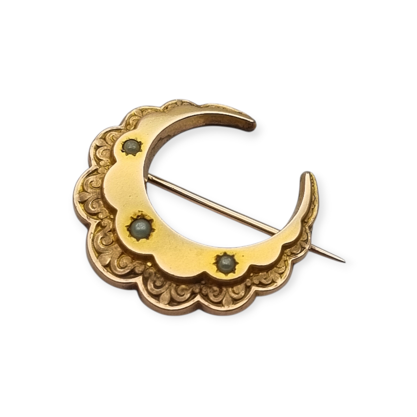 Belle Époque circa 1900 crescent moon brooch by FIX, gold-plated with pearls