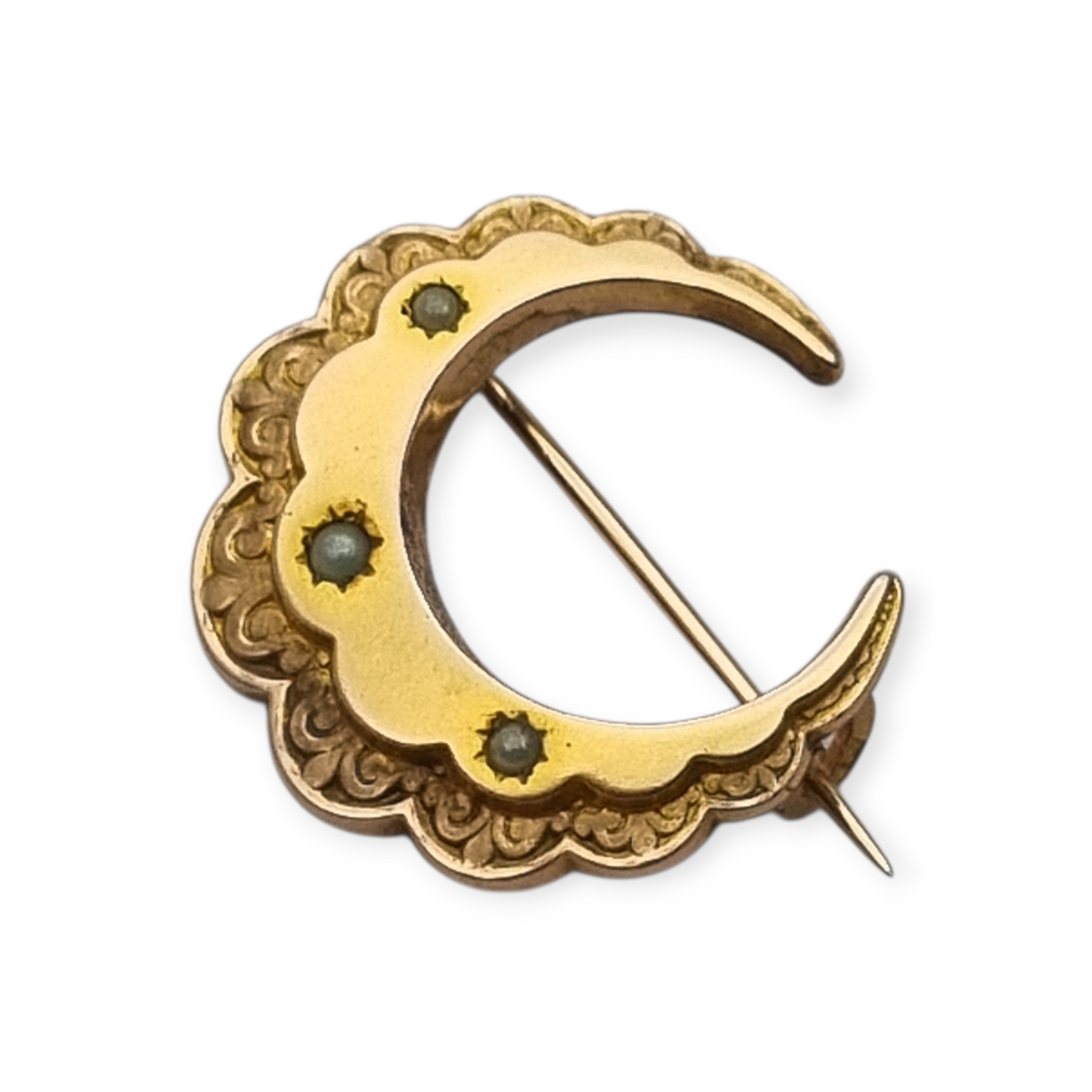 Belle Époque circa 1900 crescent moon brooch by FIX, gold-plated with pearls