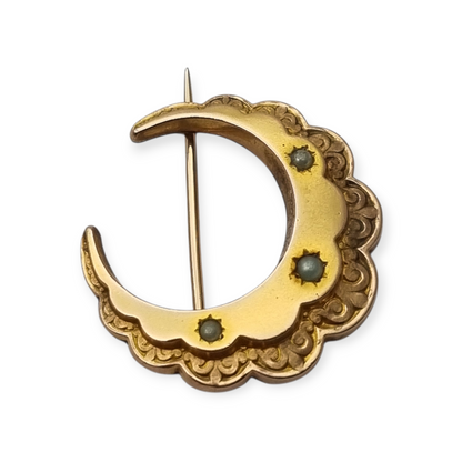 Belle Époque circa 1900 crescent moon brooch by FIX, gold-plated with pearls