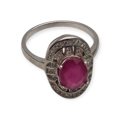 Anillo de plata 925 con rubí y circonitas estilo Art Déco circa 1980-90